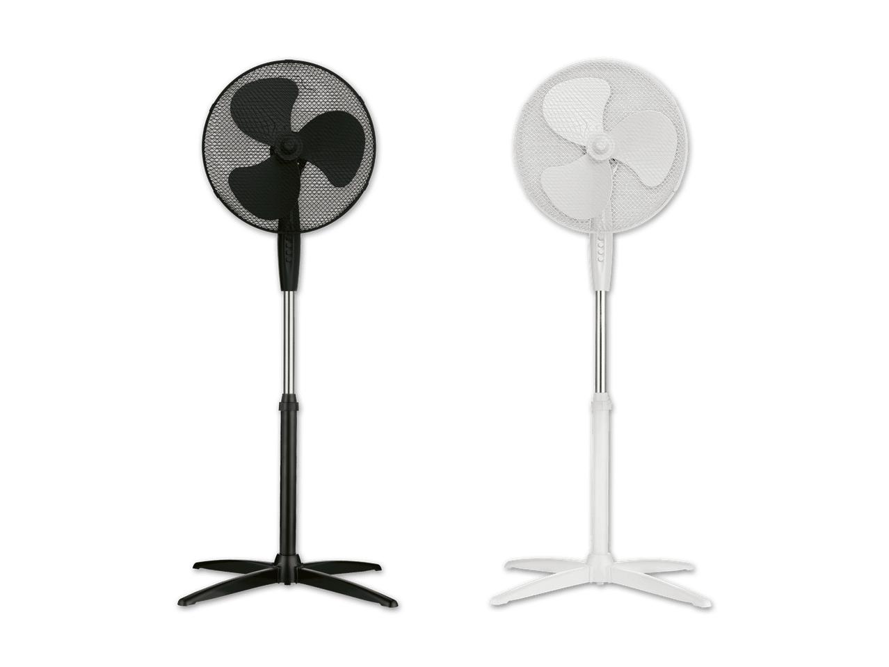 Zwei Standventilatoren, einer schwarz, einer weiß.