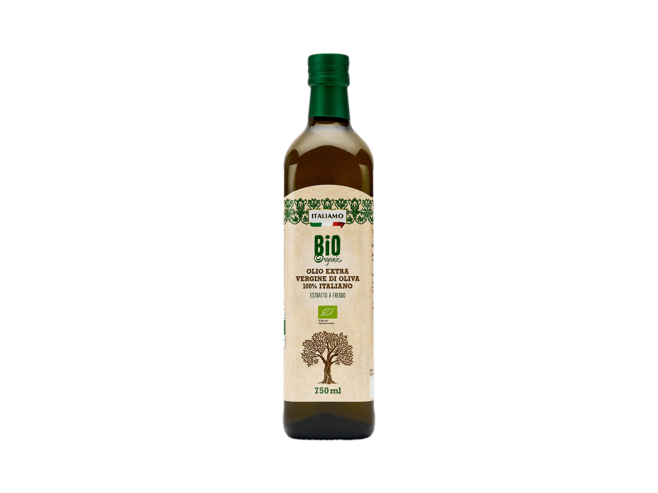 Bottiglia di olio extra vergine di oliva biologico Italian da 750 ml.