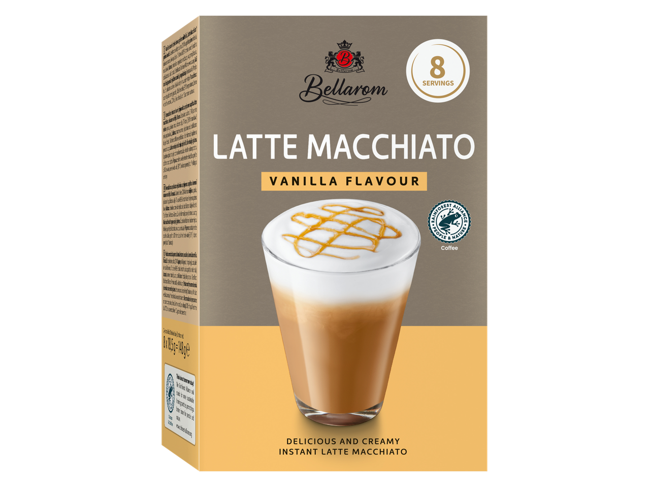 BELLAROM Latte Macchiato cu aromă de vanilie, 8 porții, cu cafea Rainforest Alliance.
