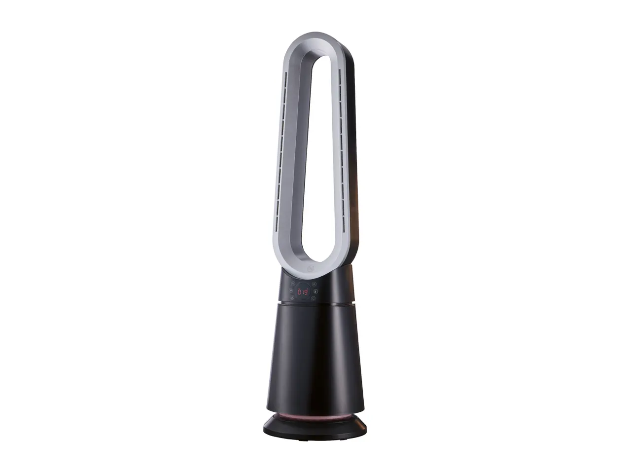 Sleek black and silver bladeless tower fan with a digital display on a white background