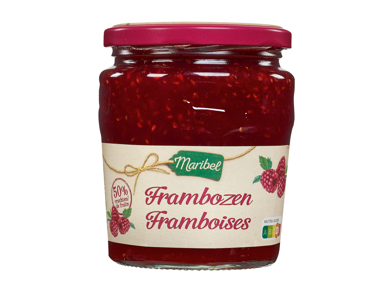 Confiture de framboises Maribel dans un pot en verre avec un couvercle rouge et une étiquette indiquant 50% de fruits.