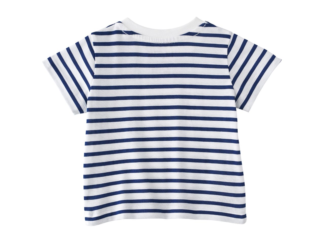 White and navy blue striped short-sleeved t-shirt, back view.