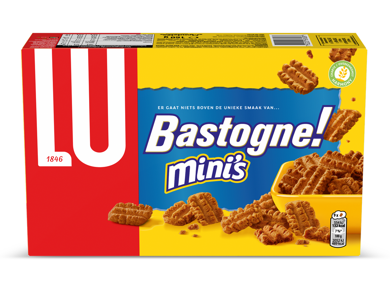 Een doosje Bastogne mini's met de tekst 'Er gaat niets boven de unieke smaak van...'