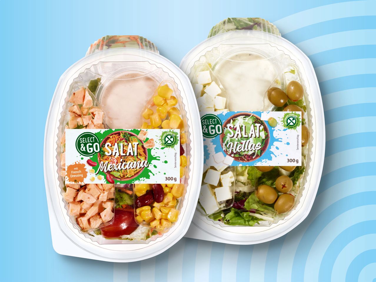 Select & Go Salate: Mexikanischer und Griechischer Salat mit Dressing.
