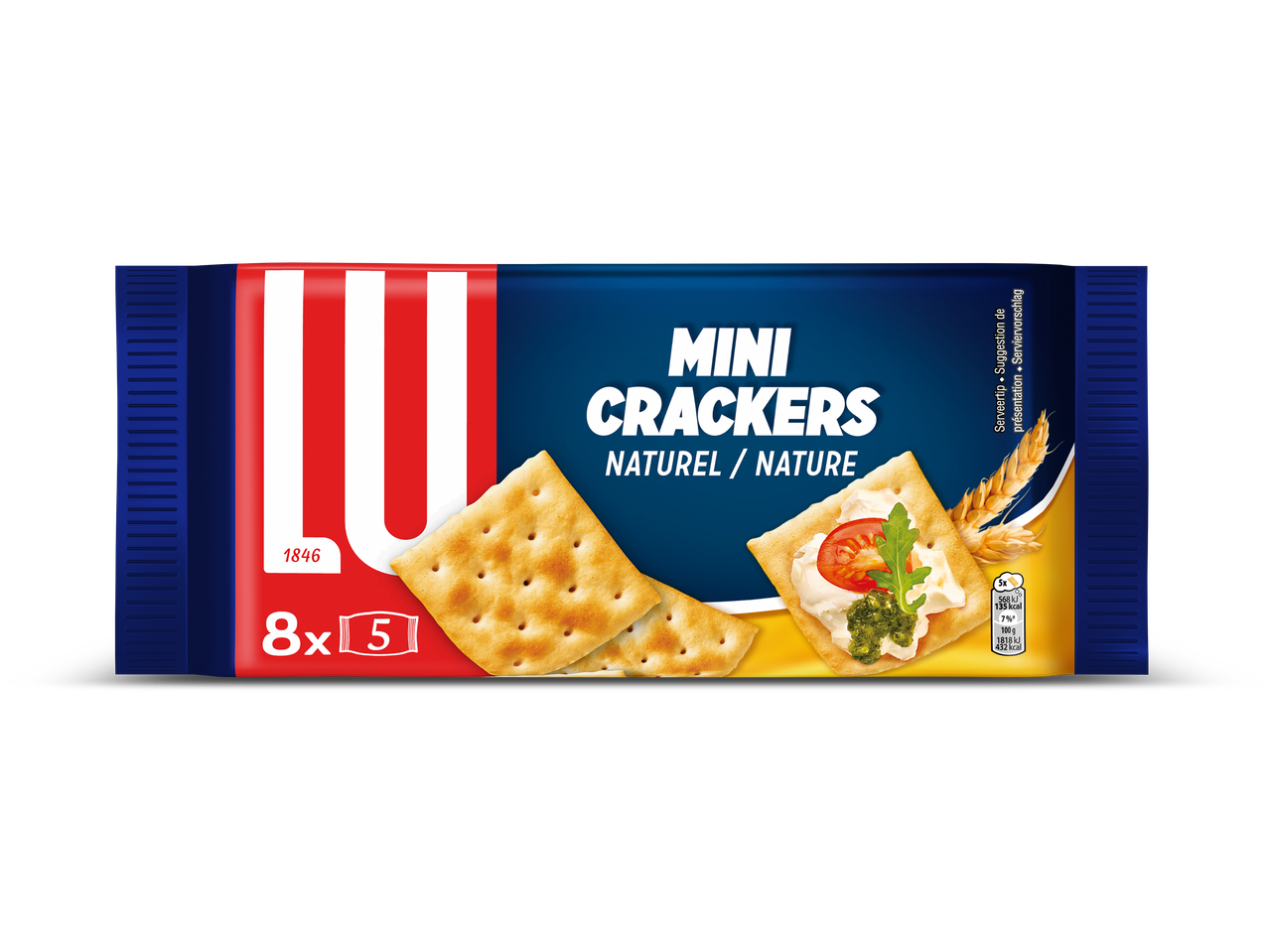 Verpakking van mini crackers met de tekst 'NATUREL / NATURE' en een serveersuggestie.