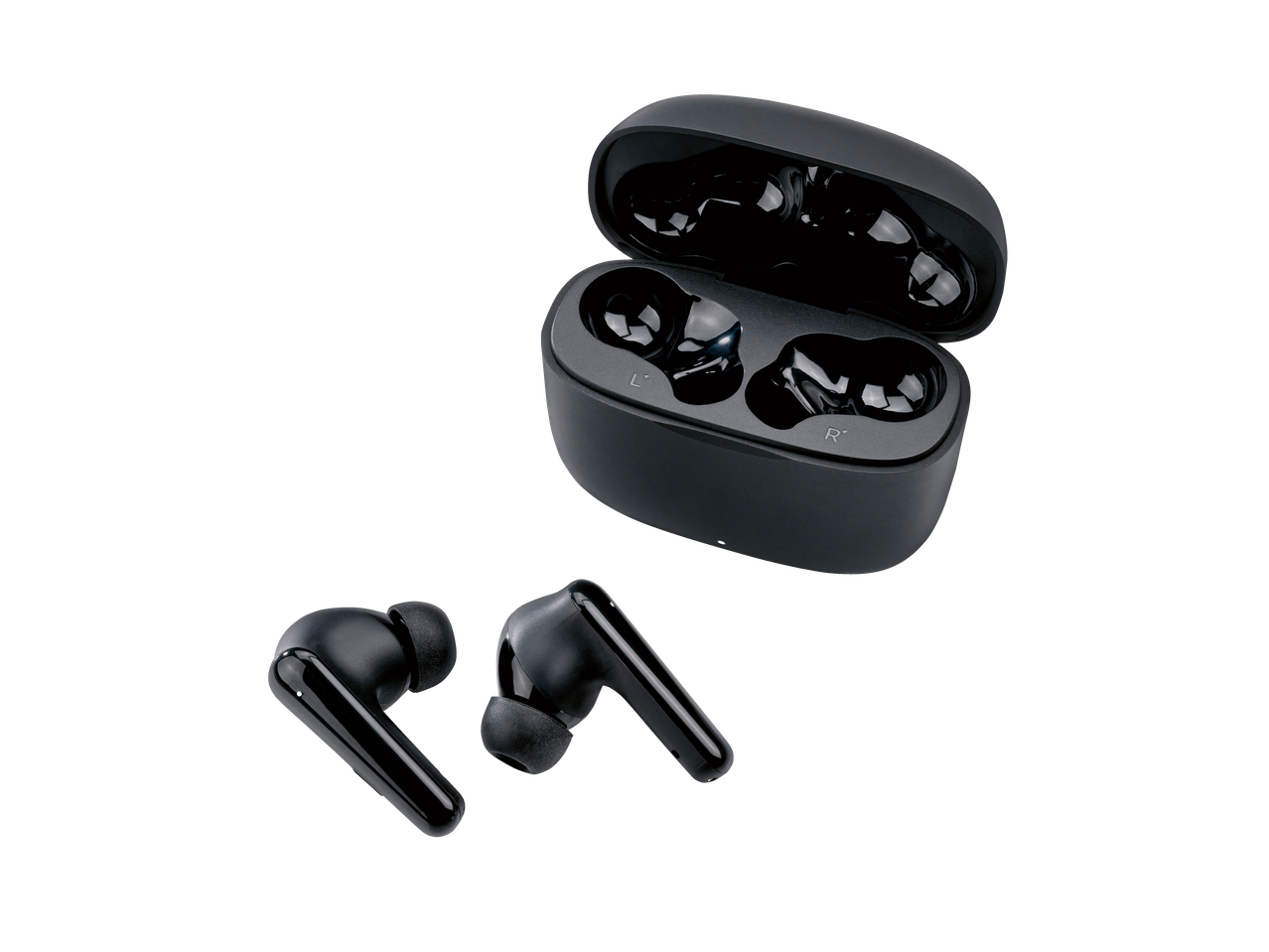 Black wireless earbuds and their open charging case with 'L' and 'R' markings.