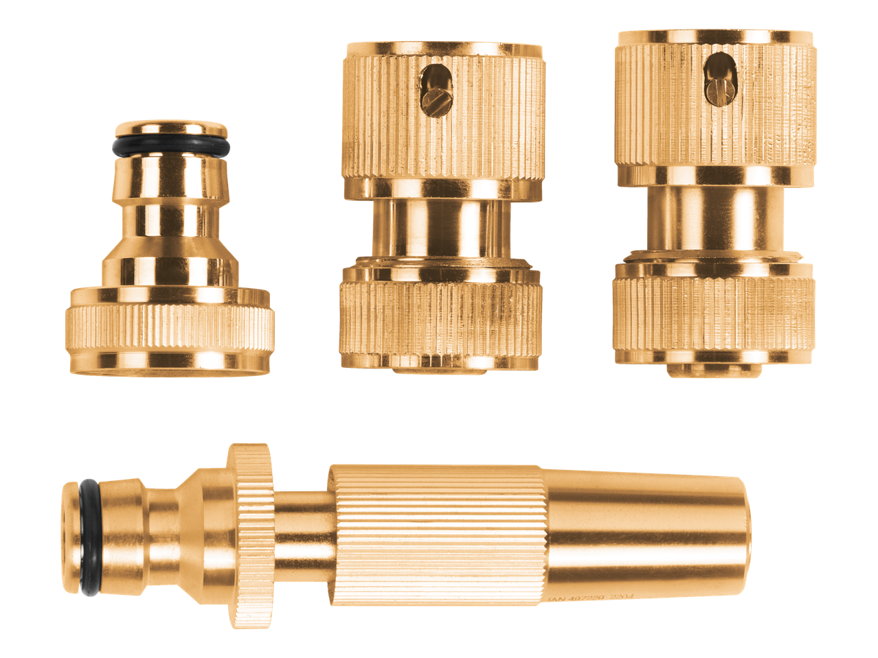 Mesingani konektori za baštensko crevo i mlaznica za zalivanje.