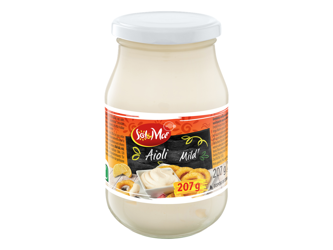 Bocal de sauce aïoli douce de 207g, avec des rondelles d'oignon et du citron.