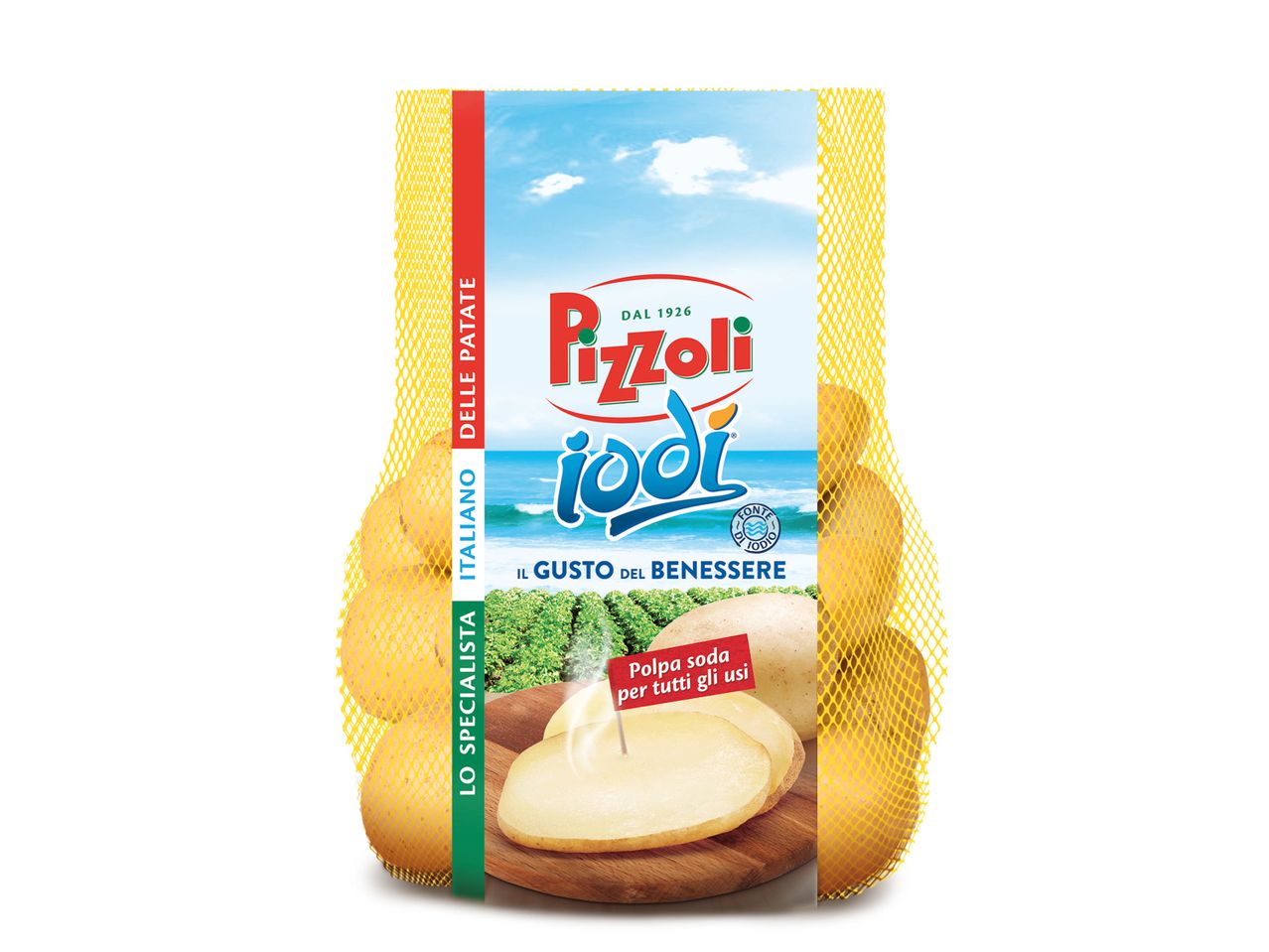 Una confezione di patate Pizzoli Iodi con la scritta 'Polpa soda per tutti gli usi'.