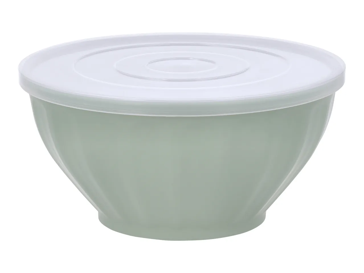 Light green mixing bowl with a translucent white lid, isolated on a white background.