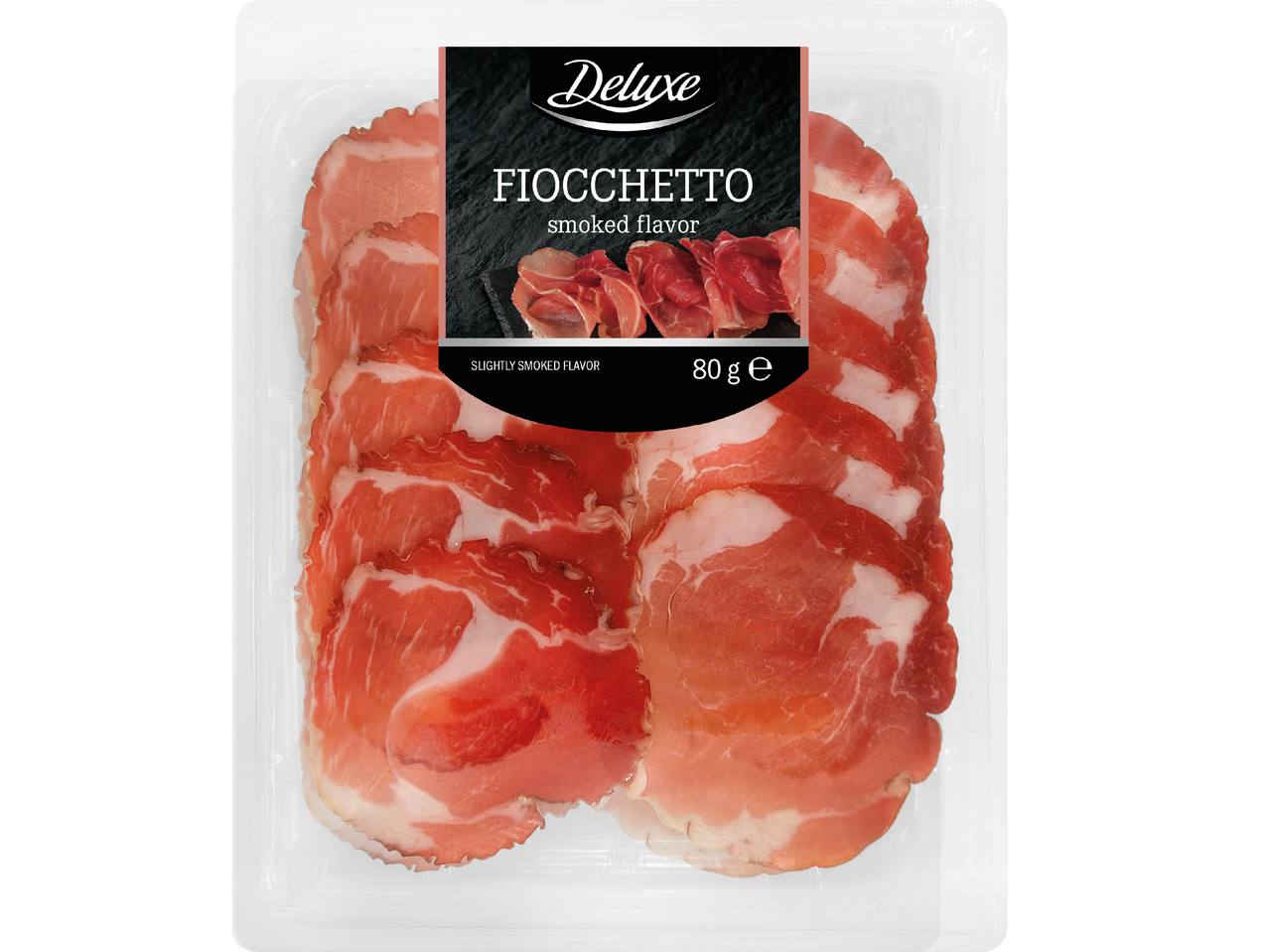 Förpackning med skivad fiocchetto med rökt smak, 80g.