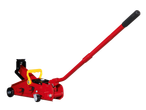 Red hydraulic floor jack with a long handle and wheels