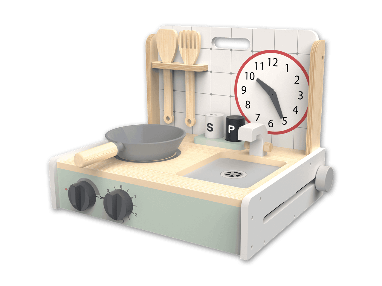 Spielküche aus Holz mit Pfanne, Salz- und Pfefferstreuer, Uhr und Kochutensilien