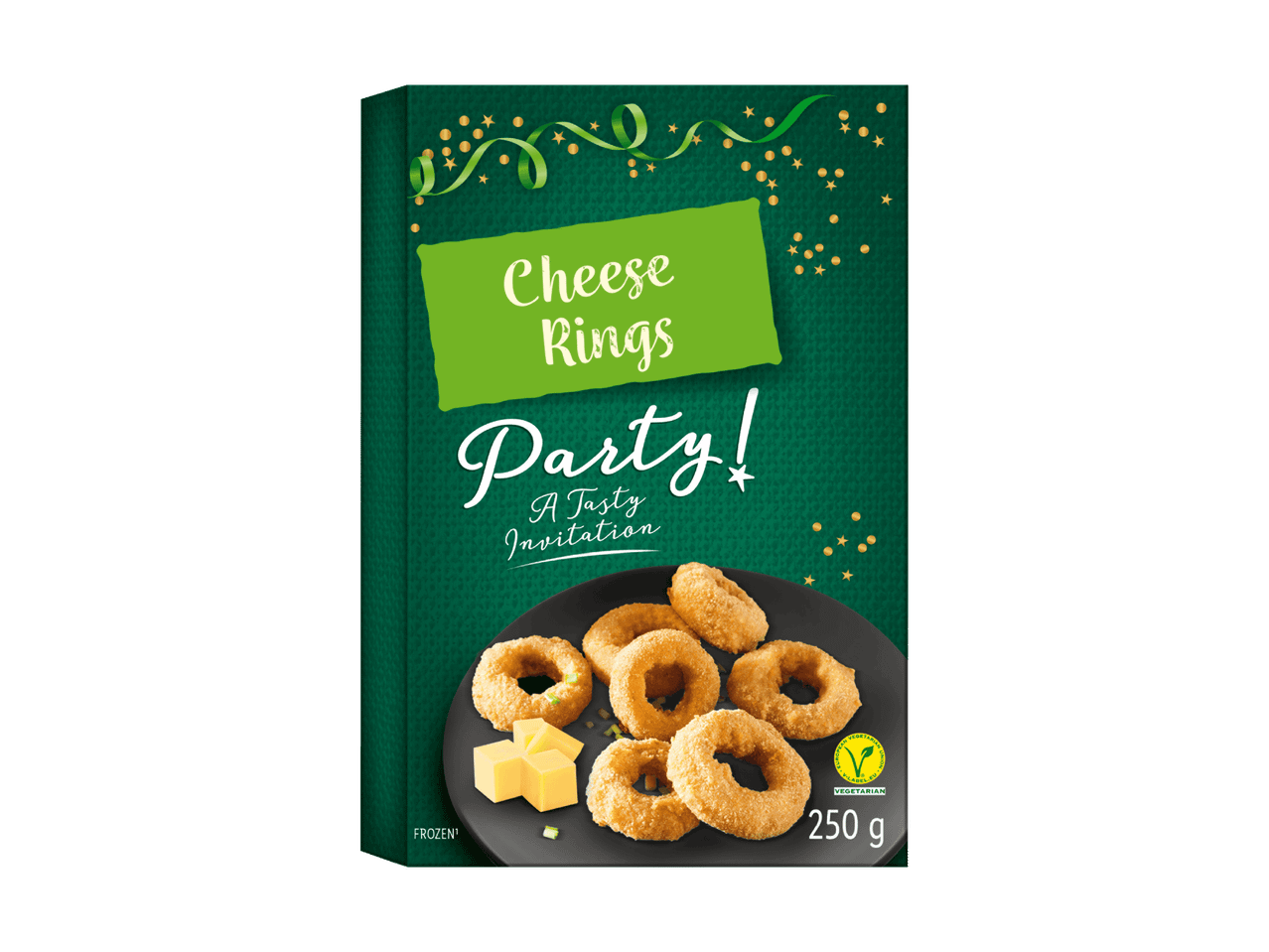 Packung mit Käseringen für eine Party, mit dem Text „Cheese Rings Party! A Tasty Invitation“
