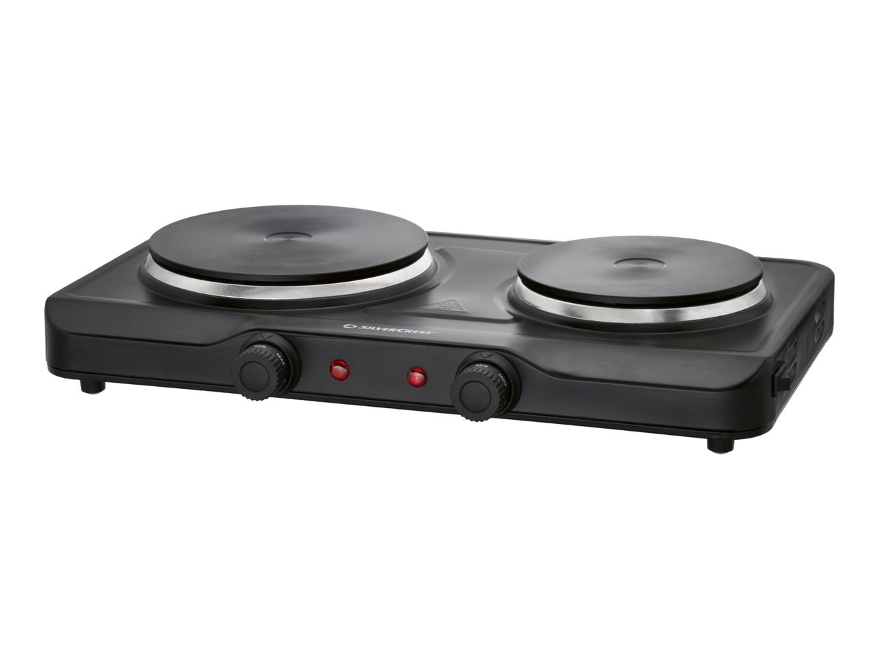 Black double hot plate with two cooking zones and control knobs.