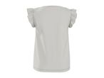 Back view of a light grey women's short-sleeved top with ruffled sleeves.