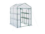 Portable greenhouse with a transparent cover, green frame, and multiple shelves.