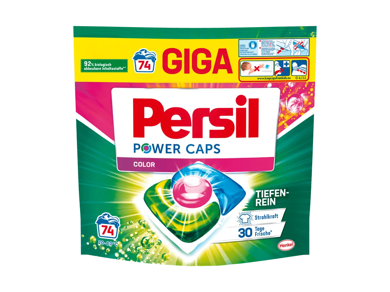 Beutel mit Farbwäsche-Waschmittelkapseln, 74 Stück, mit langanhaltender Frische und Tiefenreinheit.