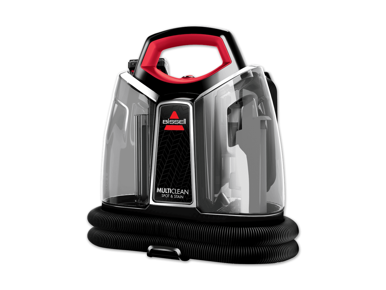 Ein schwarzer und roter Bissell Multiclean Spot & Stain Teppichreiniger auf schwarzem Hintergrund.
