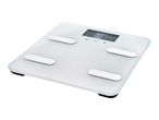 White digital bathroom scale with a display showing '0.0 kg' and four silver electrode pads.