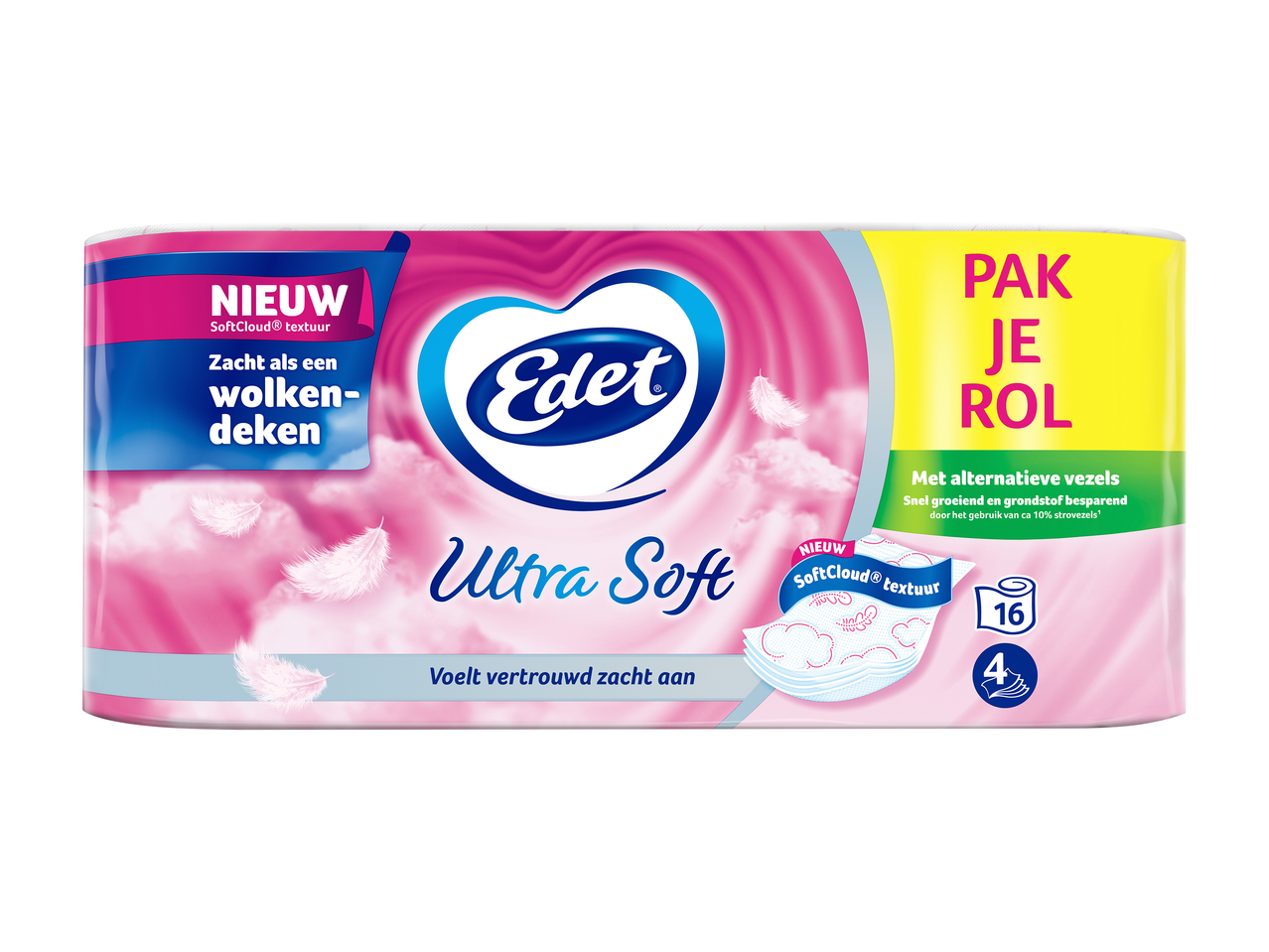 Verpakking van toiletpapier met de tekst 'Nieuw SoftCloud® textuur', 'Zacht als een wolkendeken' en 'Ultra Soft'.
