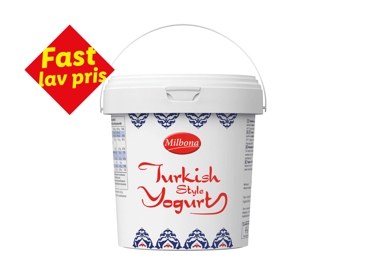 En spand tyrkisk yoghurt med et rødt skilt, der annoncerer 'Fast lav pris'.