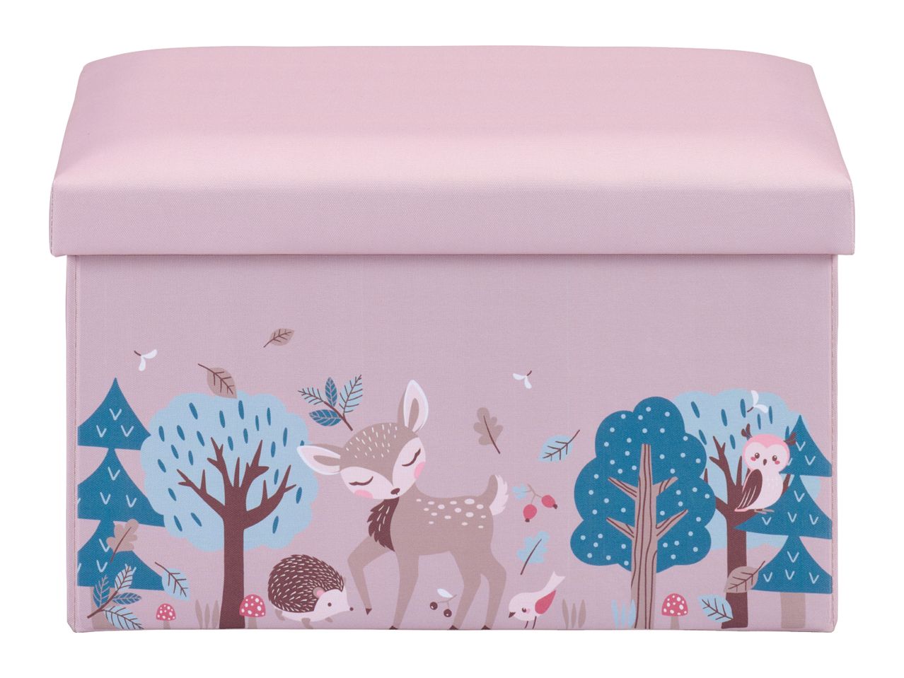 Pink storage ottoman with a forest animal design featuring a deer, hedgehog, and owl.