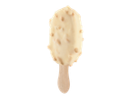 Sorvete coberto com chocolate branco e pedaços de nozes em um palito de madeira.