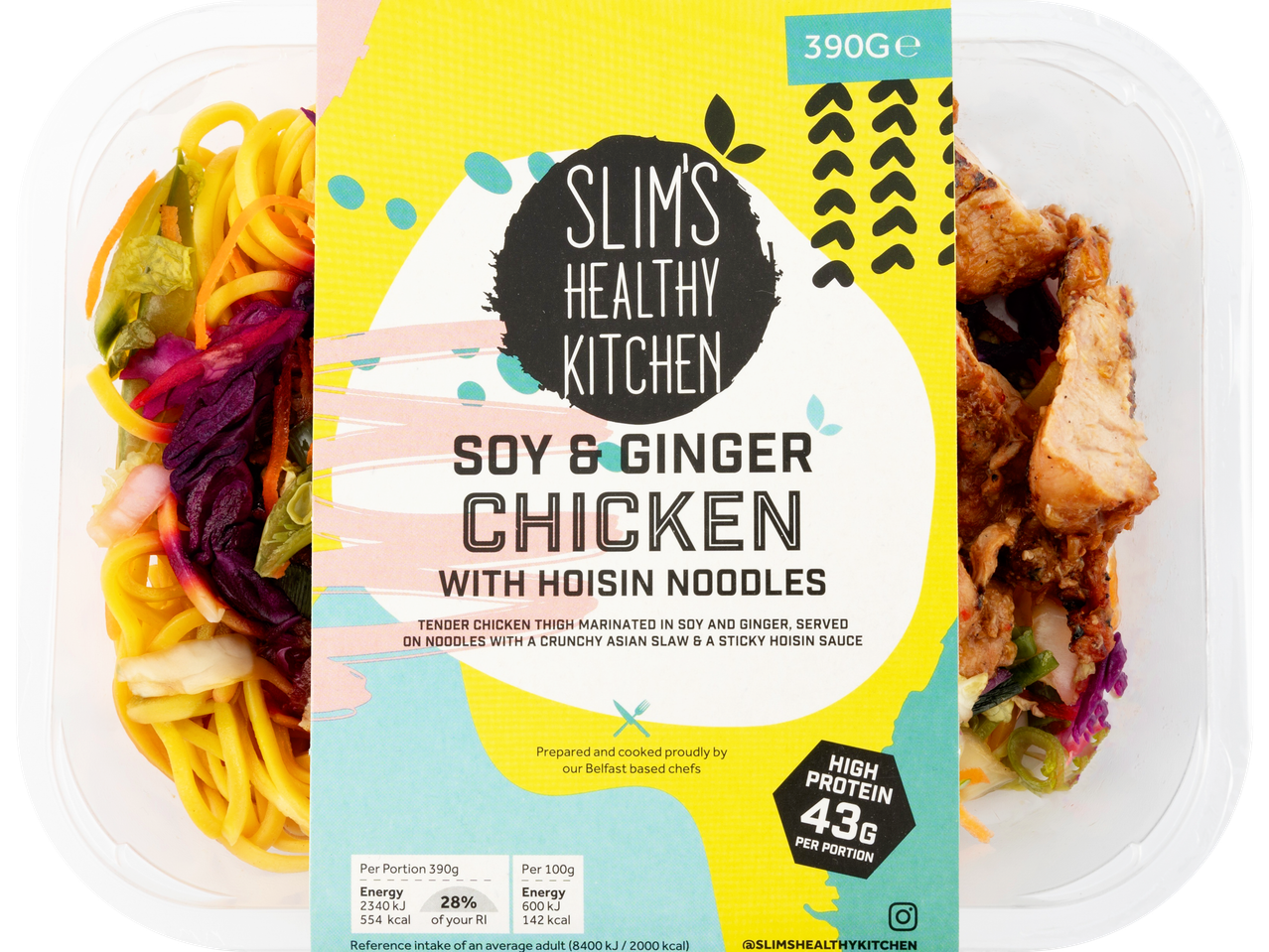 Slim's Healthy Kitchen Soy & Ginger Chicken with Hoisin Noodles in a clear plastic container.