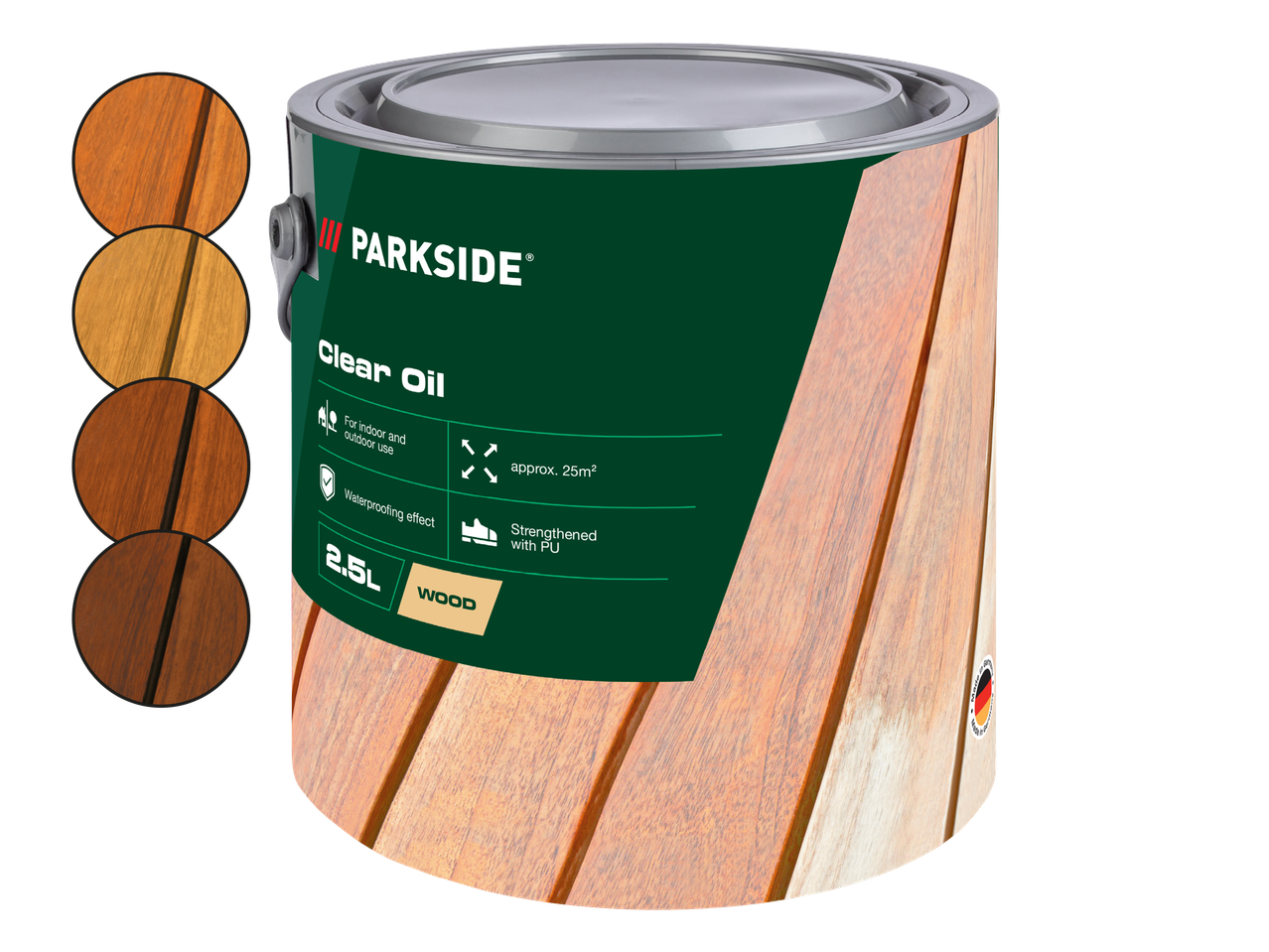 Pločevinka prozornega olja za les, 2,5 L, za notranjo in zunanjo uporabo, z vodoodpornim učinkom.