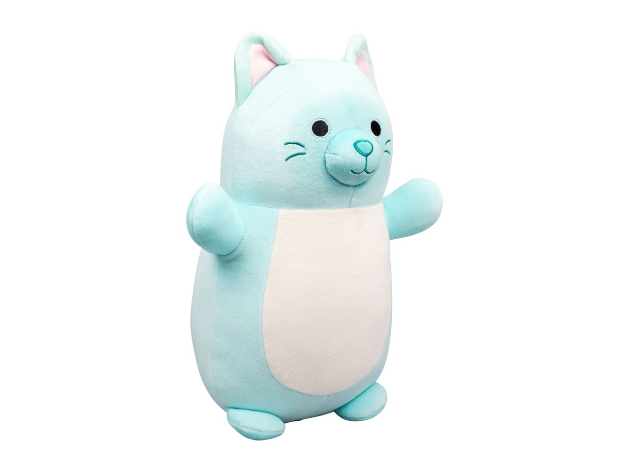 Light blue cat plush toy with a white belly, black eyes, and embroidered whiskers
