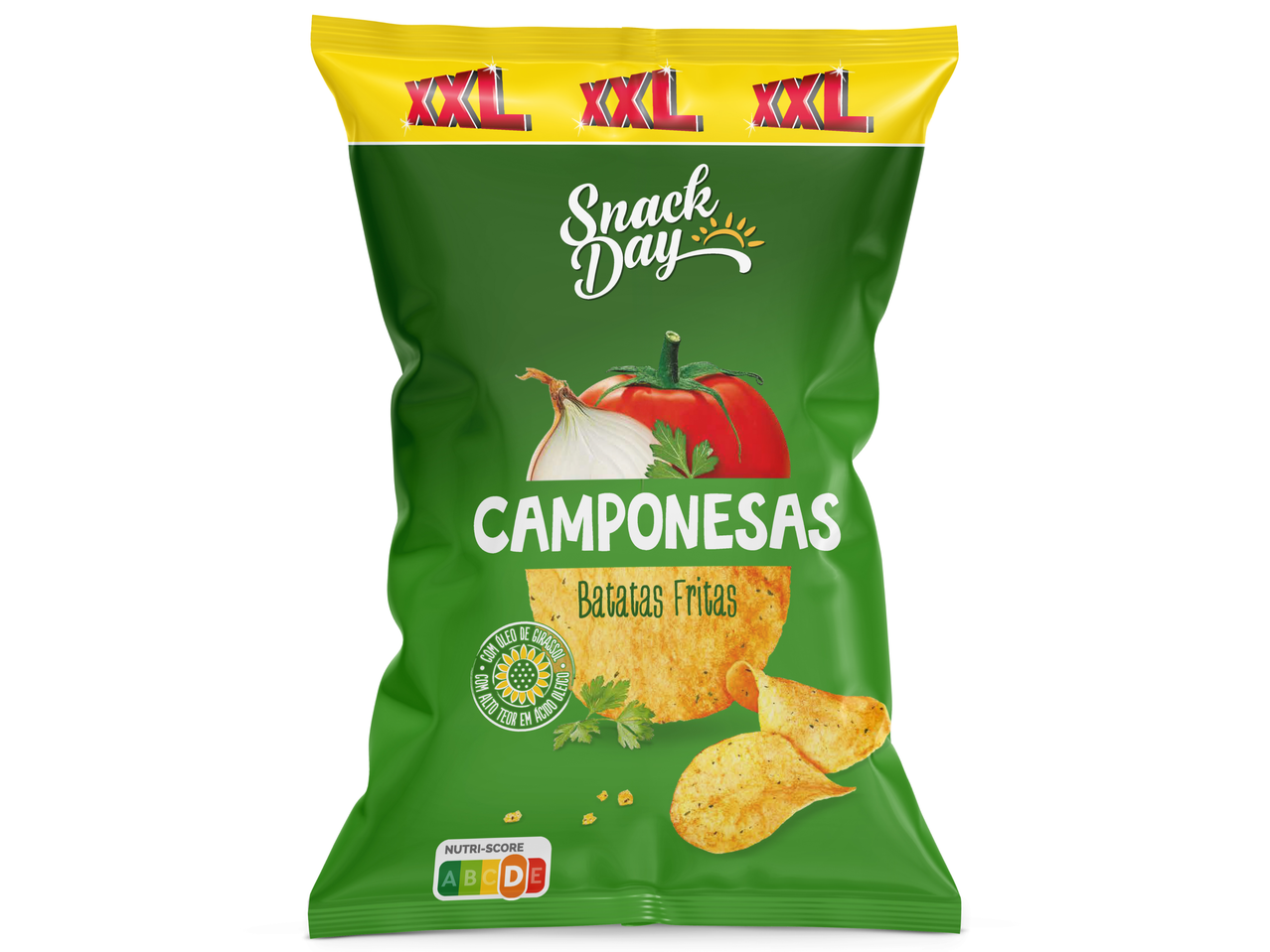 Saco de batatas fritas com sabor a camponesa, com tomate e cebola, e Nutri-Score D.