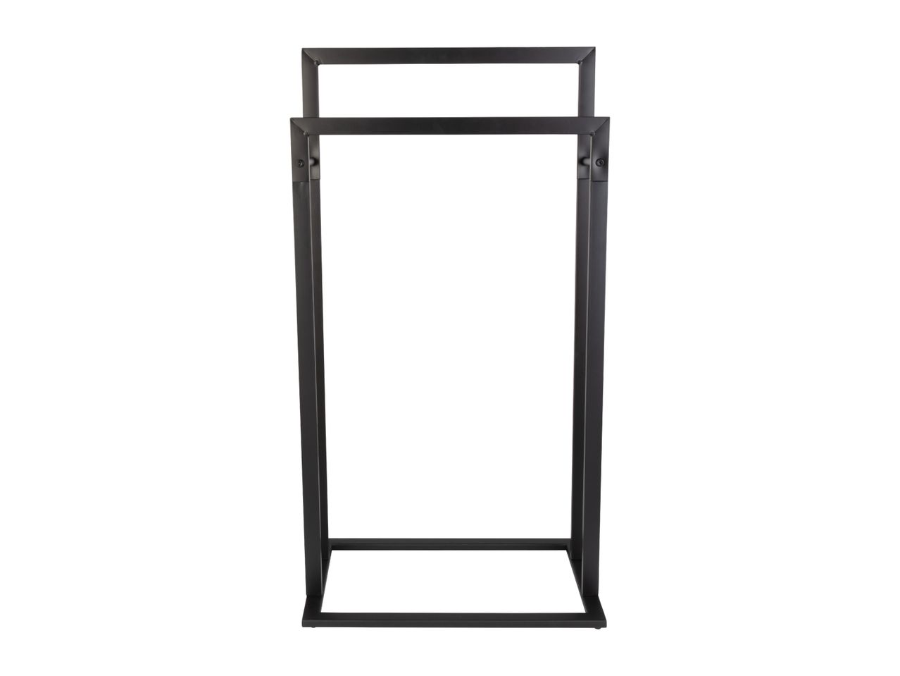 Black metal towel rack with two bars on a white background.