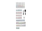 A comprehensive screwdriver bit set with various sizes, color-coded rings, and holders.