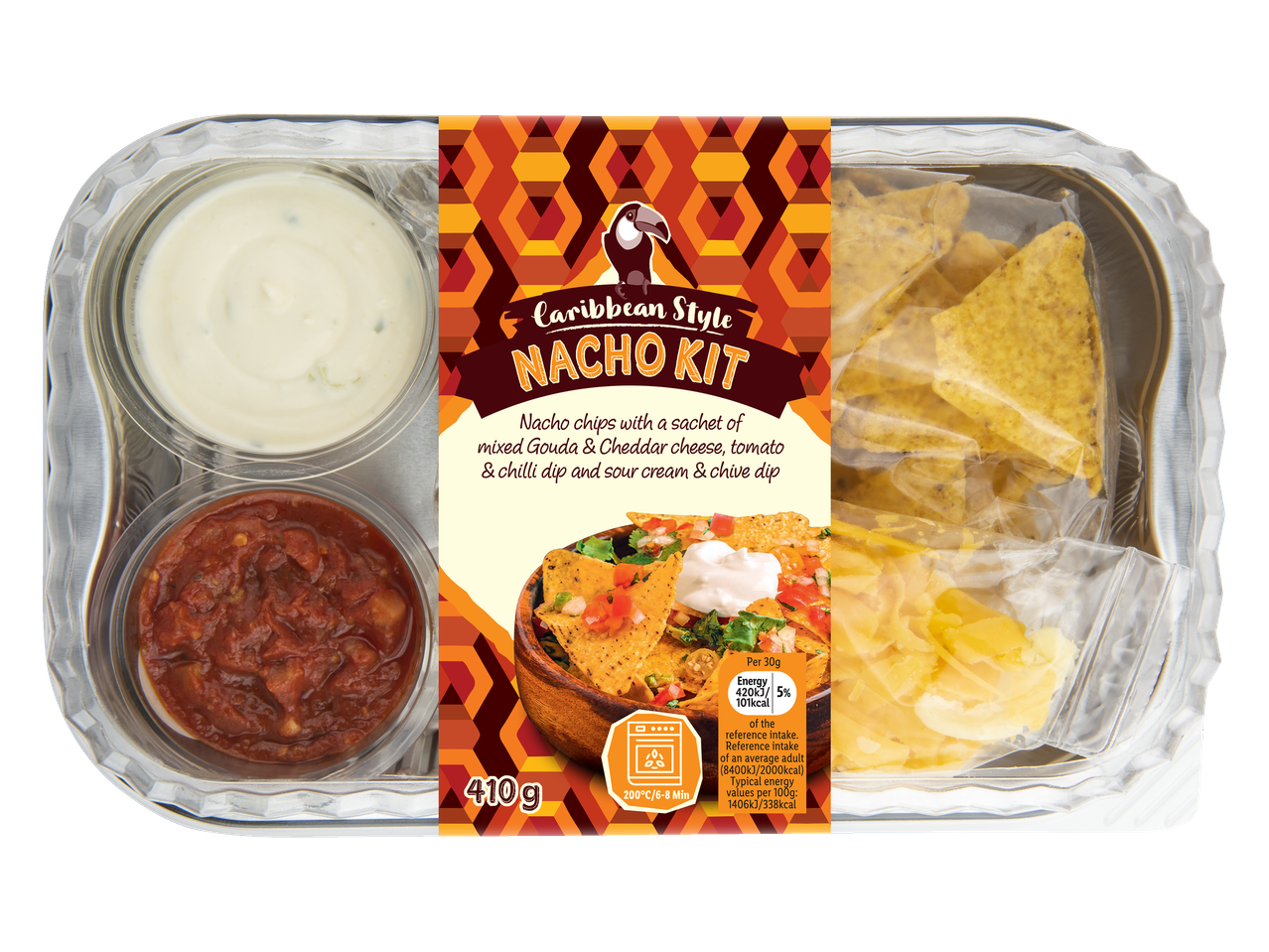 Caribbean Style Nacho Kit with chips, cheese, tomato & chili dip, and sour cream & chive dip.