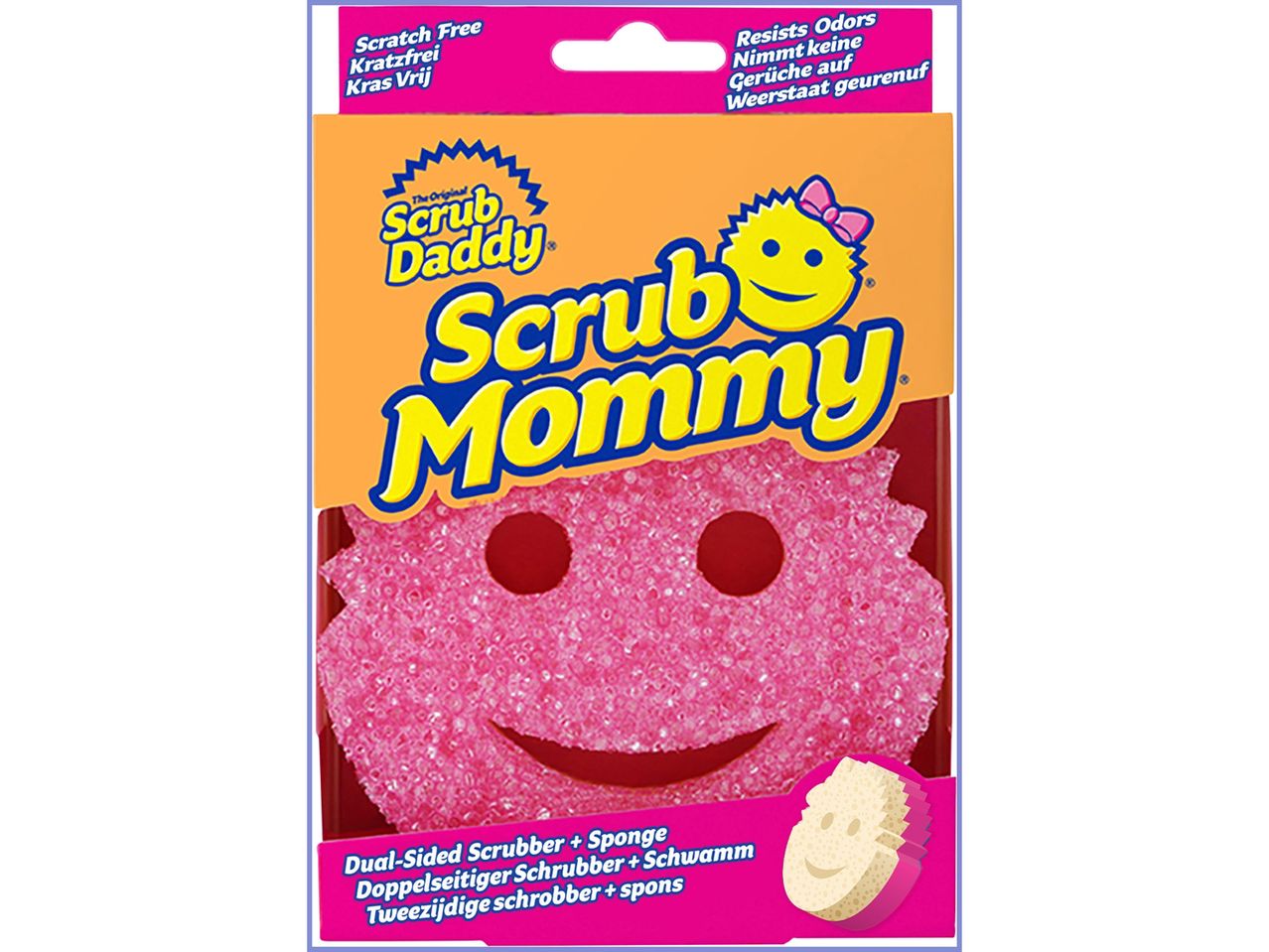 Spugna abrasiva rosa a forma di faccina sorridente Scrub Mommy.