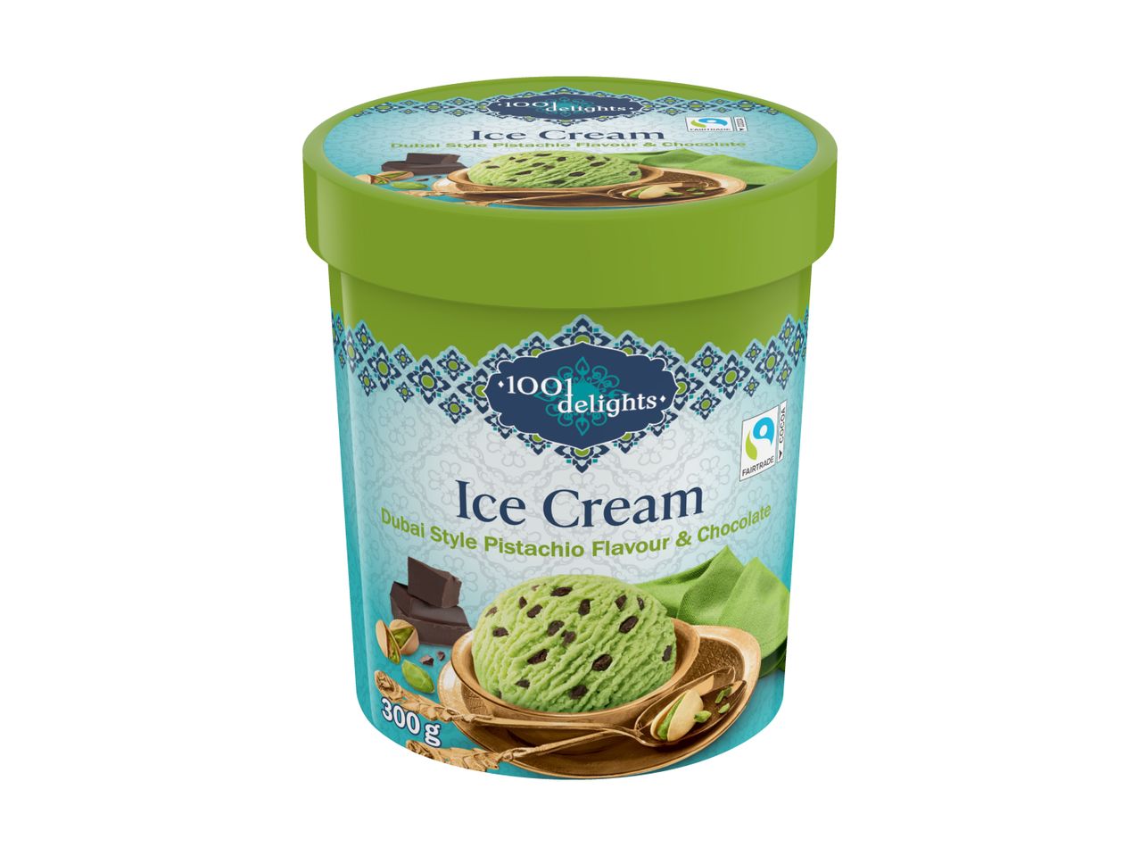 Ice cream tub with pistachio and chocolate flavor, featuring a scoop of green ice cream.