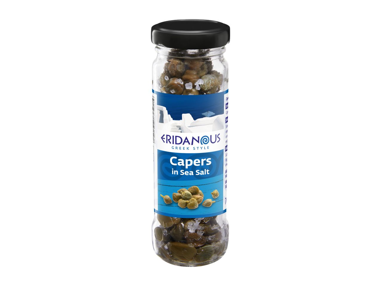 A glass jar of Greek-style capers in sea salt.