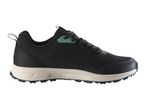 Black men's trail running shoe with a beige sole, side view