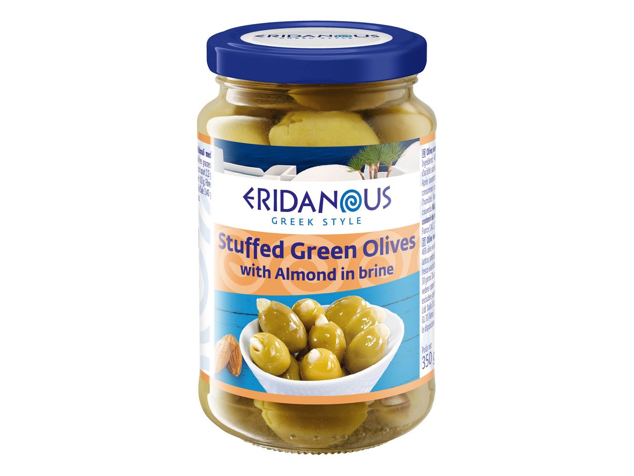 Un bocal d'olives vertes Kridianos marinées à l'ail et aux herbes.