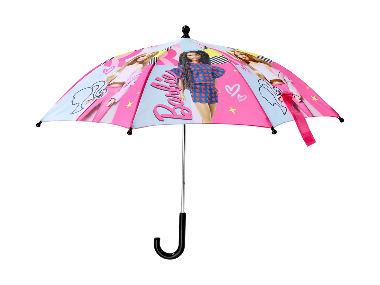 Children's umbrella with colorful doll illustrations and a pink ribbon.