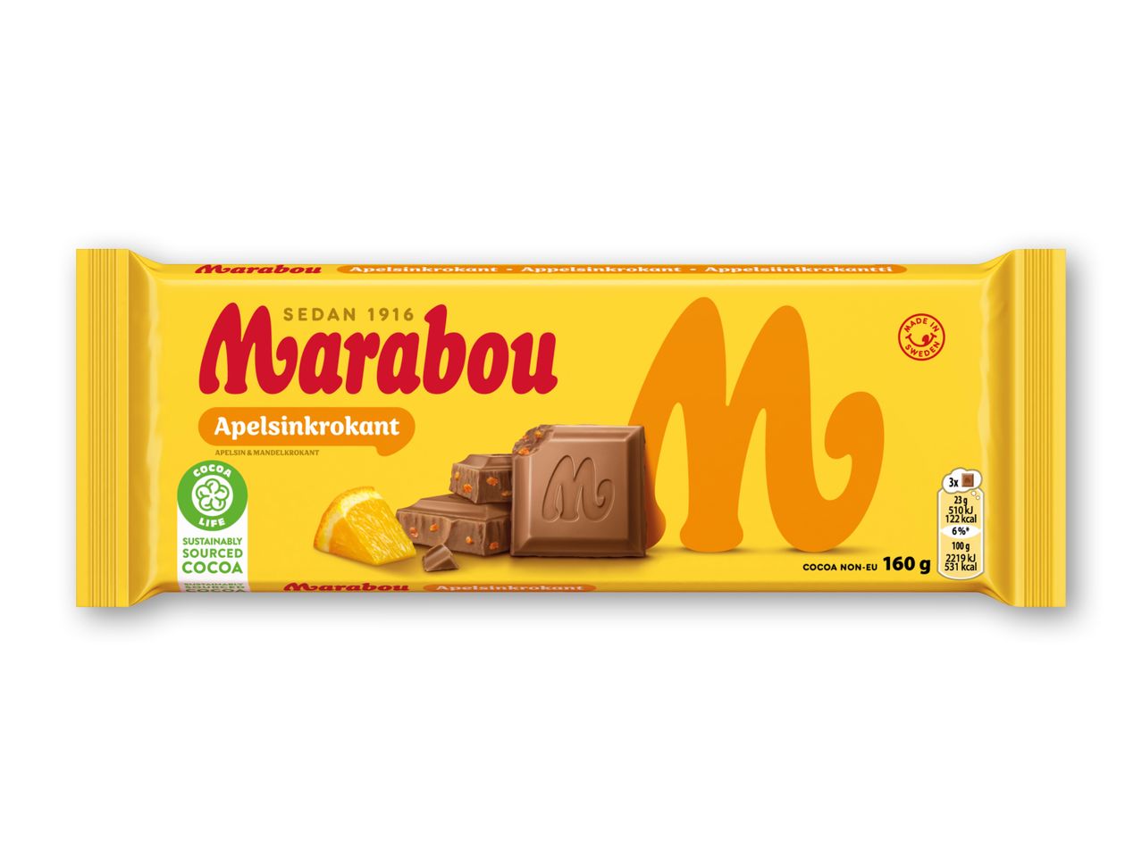 Gul chokoladebar med appelsinkrokant, et stykke appelsin og chokoladestykker.