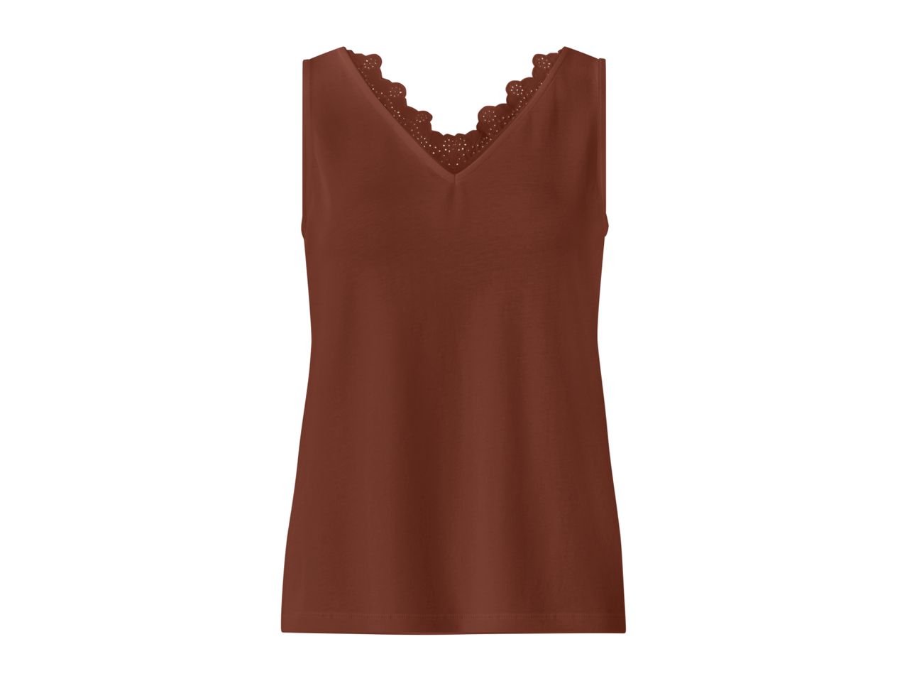 Brown women's tank top with a V-neck and delicate lace trim.