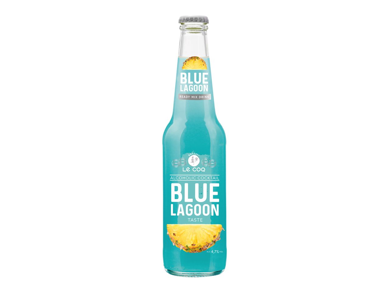 Alkoholický koktejl Le Coq Blue Lagoon v lahvi.