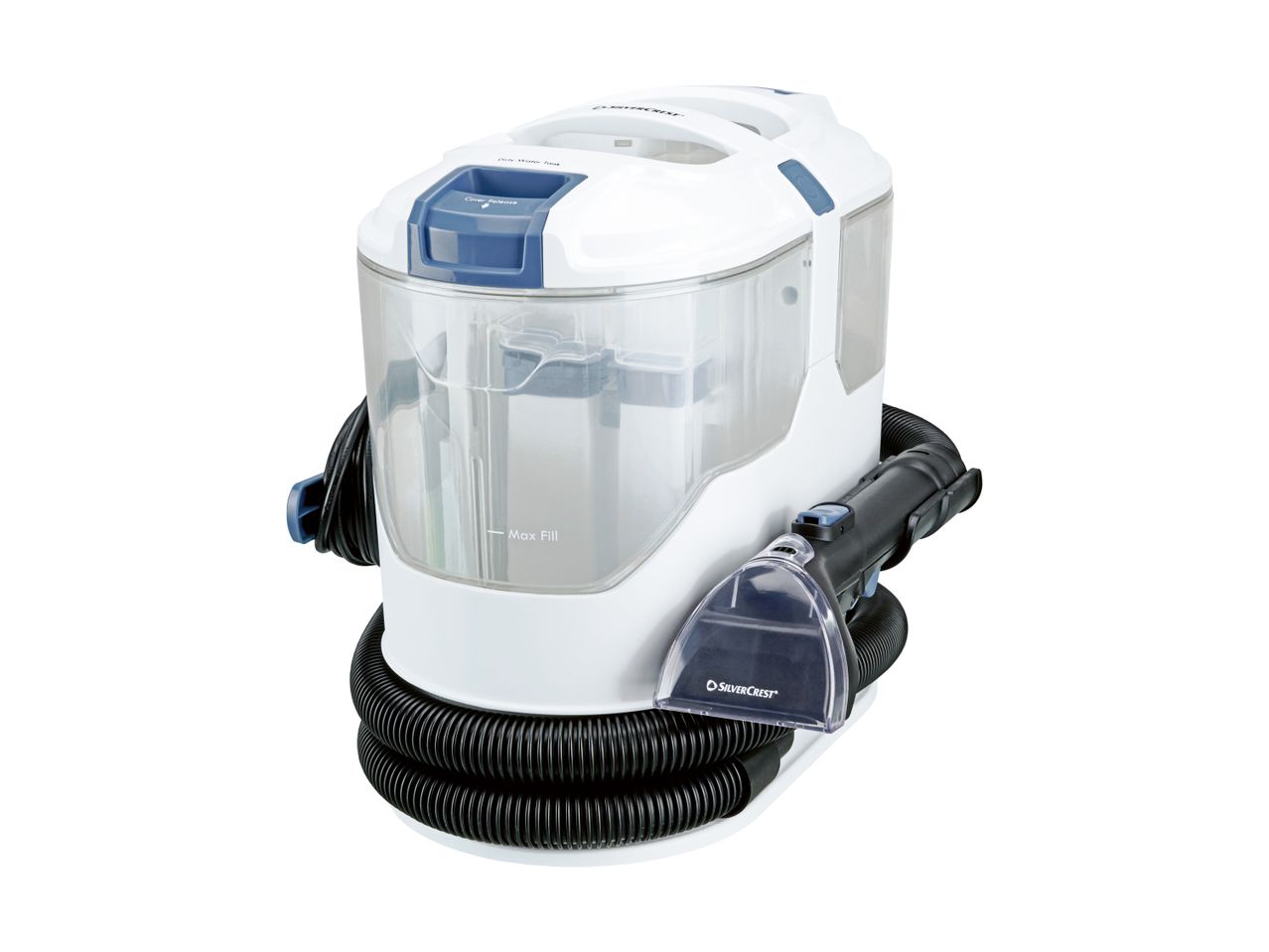 White and blue carpet cleaner with a transparent water tank and black hose.