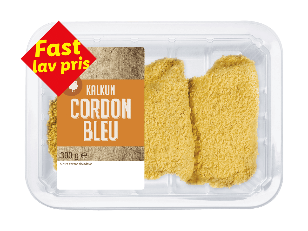 Pakke med kalkun cordon bleu med en rød mærkat, der siger 'Fast lav pris'.