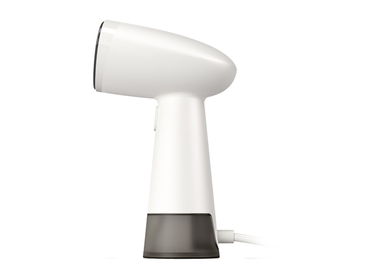 A white handheld garment steamer with a dark gray base and cord.