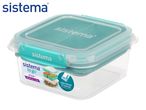 A clear food storage container with a teal lid, divided tray, and secure side clips.