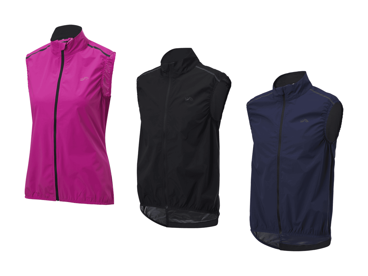 Sportwesten für Damen in Fuchsia, Schwarz und Dunkelblau.