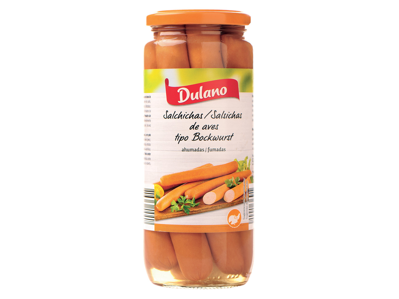 Pote de salsichas de frango Dulaño, tipo Bockwurst, defumadas.